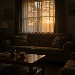 dark dreamy living room, soft focus cinematic still, dark dreamy golden sunset dappled light