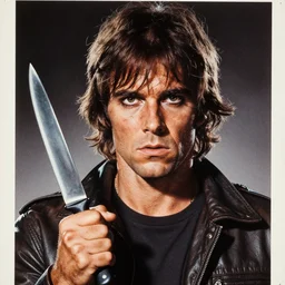 realistic portrait of a psycho with a knife on a 1 9 8 0 s horror movie poster, vintage 8 0 s print, detailed, scary, horror, screen print, trending on artstation