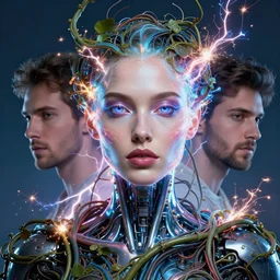 cyborg beauty portrait, energy aura, tangled vines and cables sparking electrical flares, peter mohrbacher, ross tran, ismail inceoglu, sylvain sarrailh