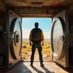 fallout male lone survivor who escaped his bunker with a open vault door staring at the horizon of the post apocalyptic landscape in front of him, vibrant colors, 8 k photorealistic, hd, high details, trending on artstation