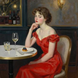 oil painting of a girl in a red dress on a date night