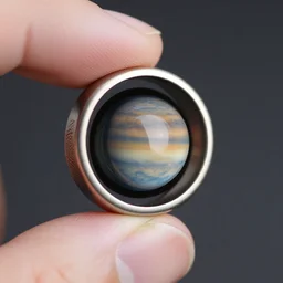 A photo a titanium and copper ring containing a view of another planet, held between a thumb and forefinger, 4K f/1.4, sharp focus