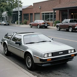 1950s photo of a DeLorean parked on the street