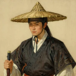 full character of a ancient korean hunter wearing bamboo hat, character design, painting by gaston bussiere, katsuya terada, nc wyeth, greg rutkowski, craig mullins, vermeer, frank frazetta, mucha, tom of finland, trending on artstation, jeffery catherine jones
