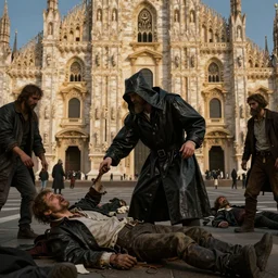 oil matte painting, plague doctor collecting bodies of a plague victims outside a baroque cathedral, detailed faces, wonderful masterpiece highly detailed, beautiful cinematic light deep focus, elegant, smooth, sharp focus, golden ratio, dramatic illumination, ultra realistic, 8 k, art by salvator rosa and caravaggio