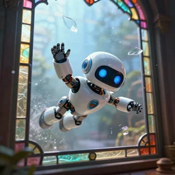 a cute little robot diving through a stained glass window, dramatic high - res action shot with glass flying everywhere. 4 k detailed photo.