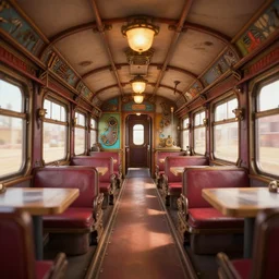 steampunk train wagon interior, colorful, contrast, depth of field, 3 d scene, render, greg rutkowski, zabrocki, karlkka, jayison devadas, trending on artstation, 8 k, ultra wide angle, zenith view, pincushion lens effect