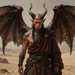 portrait of a daemon monk warrior, small horns, demonic wings looming behind, tattoo on face, in the style of victor adame minguez, trending on artstation, desert background, shadowy, chaotic undertones, high detail, 8 k