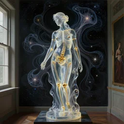 The room without doors and windows with beautiful full-body wax sculpture of a glowing transparent woman with visible golden bones inside it in the singularity where stars becoming baroque folds of dark matter by Michelangelo da Caravaggio, Nicola Samori, William Blake, Alex Grey and Beksinski, dramatic volumetric lighting, highly detailed oil painting, 8k, masterpiece