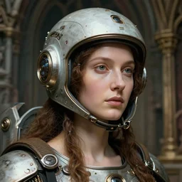sci fi futuristic cyber astronaut goddess woman jan van eyck closeup portrait of a medieval beautiful goddess woman with cyberpunk sci fi helmet, nicoletta ceccoli, mark ryden, lostfish, hyung tae, frank frazetta, depth of field, detailed and intricate gothic environment, 8 k resolution, hyperrealistic, octane render