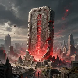 a huge towering and broken stone tablet with red light stands in the center of a prosperous city at the end of the world, and the power and energy is explode, secret, mysterious, doomsday, war landscape, video game, control, quantum break, arknights, artstation,