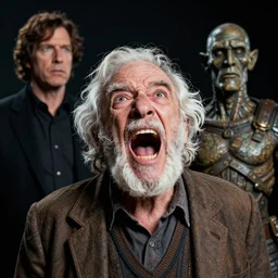 portrait of a crazy old man screaming at the universe by luis royo and wayne barlowe, 8 k
