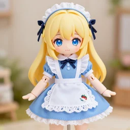 high quality photograph of an adorable anime style ball jointed, dollfie dream doll with blonde hair, blue eyes, wearing a kawaii aesthetic alice in wonderland outfit. highly detailed, award - winning