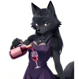 fursona, character portrait of an anthropomorphic wolf woman with black fur, pouring wine while wearing a dress, color page, tankoban, 4 k, tone mapping, doll, akihiko yoshida, james jean andrei riabovitchev marc simonetti, yoshitaka amano, long hair, curly, greater guy fieri, h. hydrochaeris