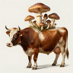 long shot photo of a cow with many mushrooms sprouting from it's back and top, highly detailed, digital painting, artstation, smooth, sharp focus, illustration, art by artgerm and greg rutkowski and alphonse mucha