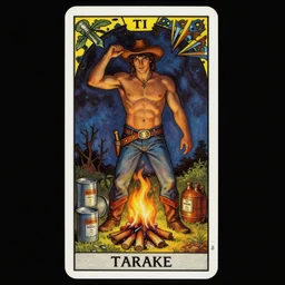 an ethereal dramatic tarot card painting of a shirtless handsome thicc mischievous cowboy | background is a dark night with a serene campfire | tin cans and jugs of whisky | tarot card, art deco, art nouveau | by Mark Maggiori and Alphonse Mucha | trending on artstation