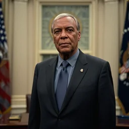 photo portrait of worf as president of the united states wearing a suit, in the oval office interior, klingon weapons decorating the walls, ( ( photograph ) ), moody, realistic, detailed, skin tinted a warm tone