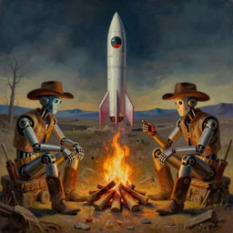 robot cowboys sitting around a campfire discussing rocket science, theme western meets sci-fi, oil paint on canvas, surreal dali