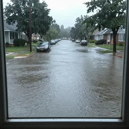 vhs footage of blood raining on the streets and flooding the neighborhood from the perspective of a window