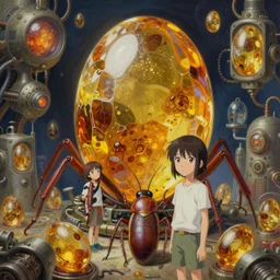 surreal gouache painting, by yoshitaka amano, by ruan jia, by Conrad roset, by good smile company, detailed anime 3d render of big  transparent Monster amber stone , A Monster Cockroach and cockroach amber eggs,  portrait, cgsociety, artstation, rococo mechanical and Digital  and electronic, dieselpunk atmosphere