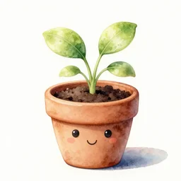 photorealistic high definition watercolor art of plant sprouting in cute ceramic flower pot