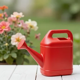 photo watering flowers from a red gas can
