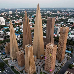 intricate cardboard city, bamboo towers, Frank Lloyd Wright, wooden scaffolding, neon lights, douglass fur skyscrapers, aerial view, vast, wide, large format, blackmagic camera, kodak, fuji film