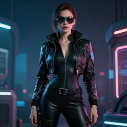 a cyberpunk woman wearing a catsuit, short jacket, and aviators, by nikolay makovsky.