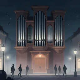 illustration of close - up street view of pipe organ town, night, ground fog, by peter mohrbacher, by alex andreev, by jacek yerka, large depth of field, super detailed, digital art, trending on artstation, minimalism