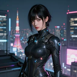 portrait futuristic Ninja Girl, in future cyberpunk tokyo rooftop , ssci-fi, fantasy, intricate, very very beautiful, elegant, neon light, highly detailed, digital painting, artstation, concept art, smooth, sharp focus, illustration, art by tian zi and WLOP and alphonse mucha