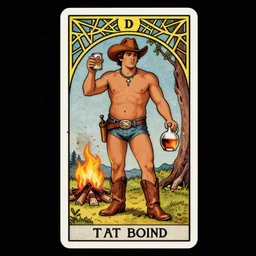a beautiful symmetrical tarot card of a handsome shirtless cowboy holding a can of beans and a jug of whisky in front of a campfire, chunky build, cowboy boots, dad bod, homoerotic!, art deco, art nouveau, trending on artstation