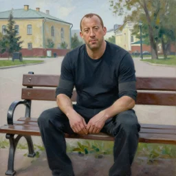 vin diesel is sitting on a bench in the courtyard of a provincial russian city, oil on canvas, naturalism