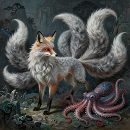 beautiful painting insiperd by the mythical beast in the classics chinese book 山 海 经, animal concept design : 九 尾 狐, 麒 麟, 章 鱼, high detail, religion light, grey blue and red dark green and white scheme, by mucha, zdzislaw, tyler jacobson, noah bradley, james paick
