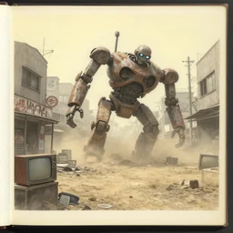 artbook artwork, somber, paper texture, movie scene, dead corpse rusty colossal robot crashed in deserted dusty shinjuku junk town, old pawn shop, broken tv, bright ground, morning fog, dusty, pencil lines, pale yellow sky, graffiti