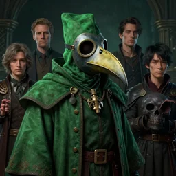 A fancy portrait of a green plague doctor wearing a beak mask by Greg Rutkowski, Dan Mumford, Christophe Vacher, Sung Choi, Mitchell Mohrhauser, Johnson Ting, Bloodborne, 8k photorealistic, volumetric lighting, HD, high details, dramatic, dark atmosphere, trending on artstation
