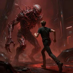 concept art by greg rutkowski, a very tall and slender young man, running away from a horrible creature made of twisted flesh, futuristic setting, reddish lighting, scary and creepy atmosphere, low lighting, scifi, highly detailed portrait, digital painting, artstation, concept art, smooth, sharp foccus ilustration, artstation hq