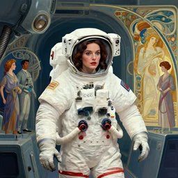 wes anderson film still of a gucci woman astronaut, intricate abstract. being entered by machine, portrait, highly detailed, deep focus, elegant, illuminated, elegant, highly detailed, digital painting, artstation, hifructose, in the style of edward hopper, james jean, petra collins and mc. escher, concept art, smooth, sharp focus, illustration, art by artgerm and greg rutkowski and alphonse mucha