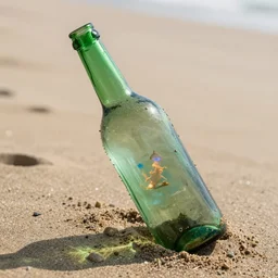 a washed up green bottle in the sand reflecting a magical universe inside of the glass.