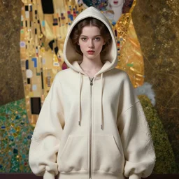 a masterpiece ultrarealistic ultradetailed portrait of a incredibly beautiful princess in oversized high fashion hoodie. medium shot, intricate, elegant, highly detailed. trending on artstation, digital art, by stanley artgerm lau, wlop, rossdraws, james jean, andrei riabovitchev, marc simonetti, yoshitaka amano. background by james jean and gustav klimt, light by julie bell, 4 k, porcelain skin.