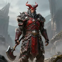 Tall man with dragon-like horns, wolf pelt armor, red and grey, epic fantasy, greataxe, dnd H-768