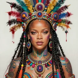 portrait of rihanna, hyper detailed ultra sharp aztec shaman warrior. trending on artstation, warpaint aesthetic, bloodwave, colorful, psychedelic, ornate, intricate, digital painting, concept art, smooth, sharp focus, illustration, art by artgerm and greg rutkowski and h. r. giger, 8 k