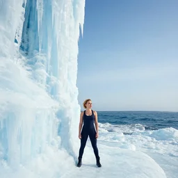 scarlett johansson standing at the bottom of a 2 0 0 ft ice wall that meets the rough sea, trending on artstation