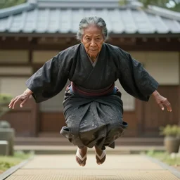 a film still of an old black woman starring in a japanese blockbuster film as ancient sensei, levitating mid air, intense, shallow depth of field, cinematic, award winning cgi, vfx, film still