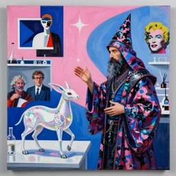 a masterpiece painting in the laboratory of a technomancer wizard, in dazzle camouflaged robes, pointed hoods, he is discussing sentience with his al djinn by remedios varo and anato finnstark and greg rutkowski and andy warhol and francis picabia. dayglo pink and blue, prismatic, pearlescent white, raven black, glowing, hyperrealism, trending on artstation