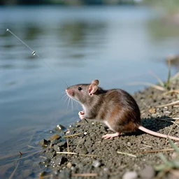 35mm photo of a rat holding a fishing pole at a riverbank, rat, fishing pole, water, well lit
