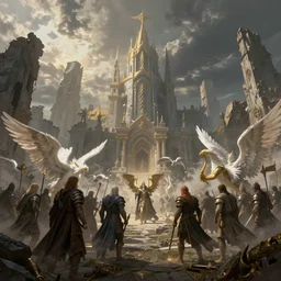 The epic battle of elves and angels on the ancient ruins. By Konstantin Razumov, highly detailded