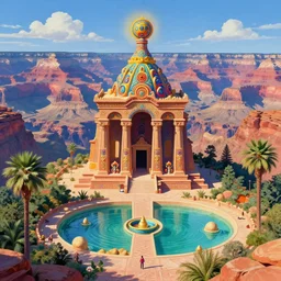 a Psychedelic ancient temple is located in a grand canyon scenery next to an Epic oasis by henri rousseau, james jean, Benoit mandelbrot