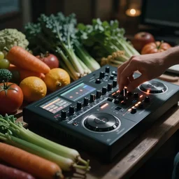 film still of fresh fruits and vegetables making beats on an mpc