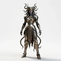 armored gorgon medusa, cinematic studio photo, full body, standing, isolated on a pure white background, centered, whole figure in frame, sharp focus, studio lighting