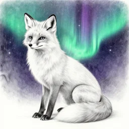 a pencil drawing of a auroral cosmic hyperspace fox griffon settling its nest and clutch of fluffy eggs, vibrant watercolor painting on rough gouache canvas